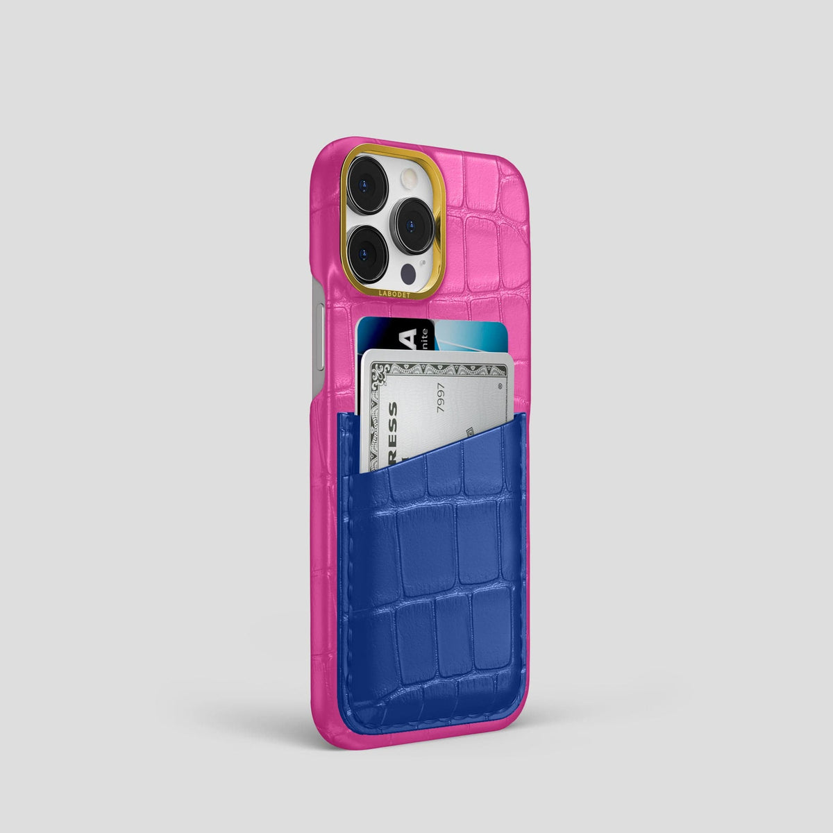 Fuchsia-Royal-Blue iPhone 13 Pro Card Case Alligator with Gold Metal -2 | Fuchsia-Royal-Blue-Gold
