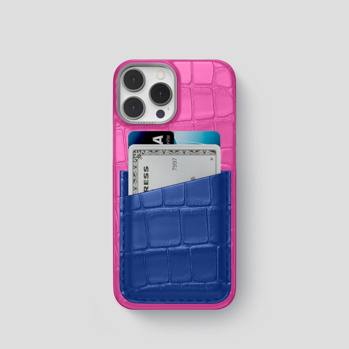 Fuchsia-Royal-Blue iPhone 13 Pro Card Case Alligator with Steel Metal -1 | Fuchsia-Royal-Blue-Steel