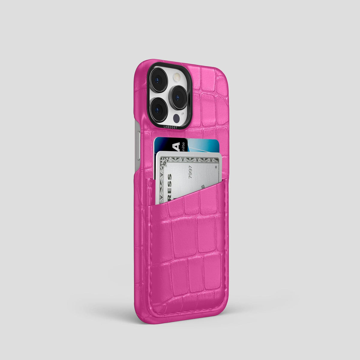 Fuchsia iPhone 13 Pro Card Case Alligator with Black Metal -2 | Fuchsia-Black