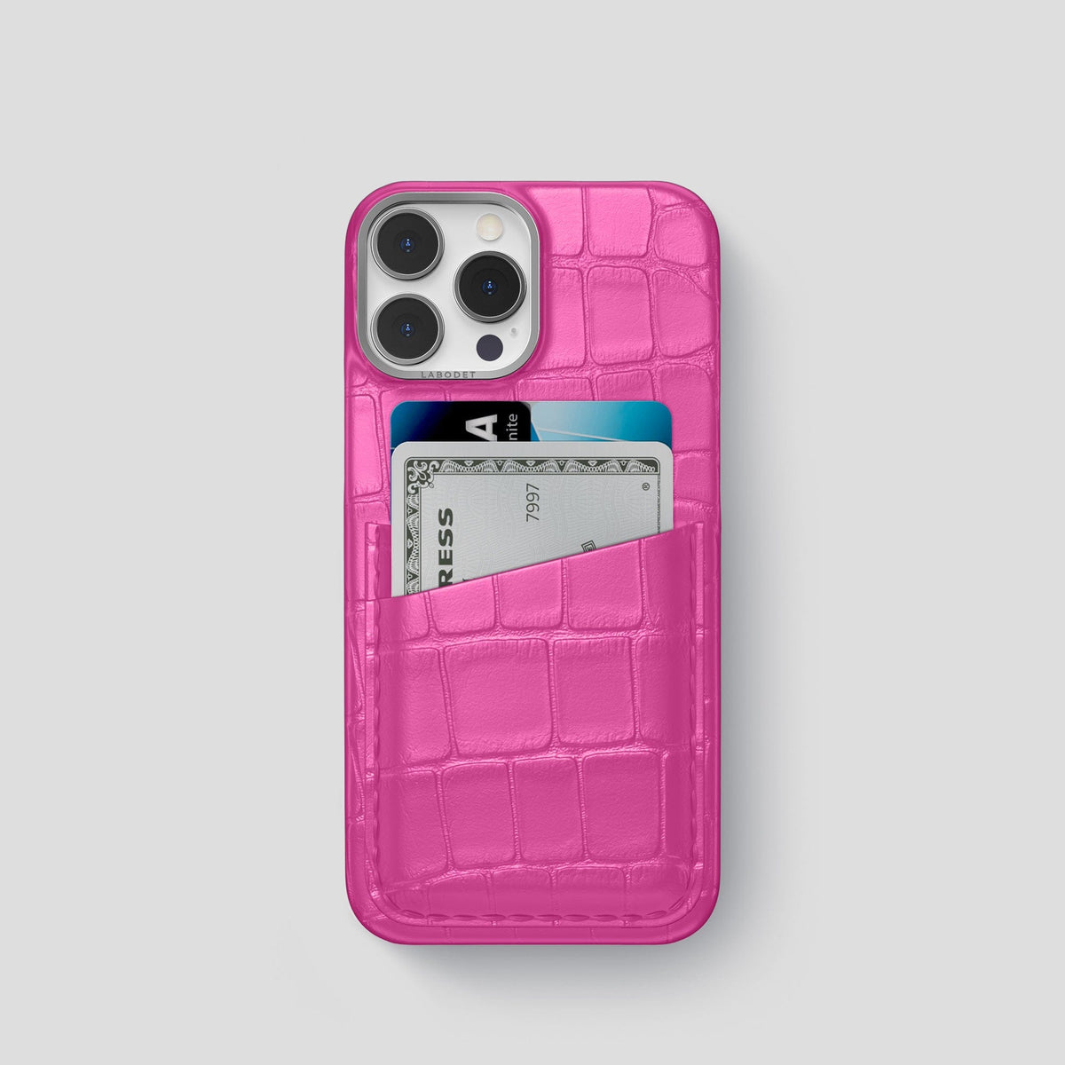 Fuchsia iPhone 13 Pro Card Case Alligator with Steel Metal -1 | Fuchsia-Steel