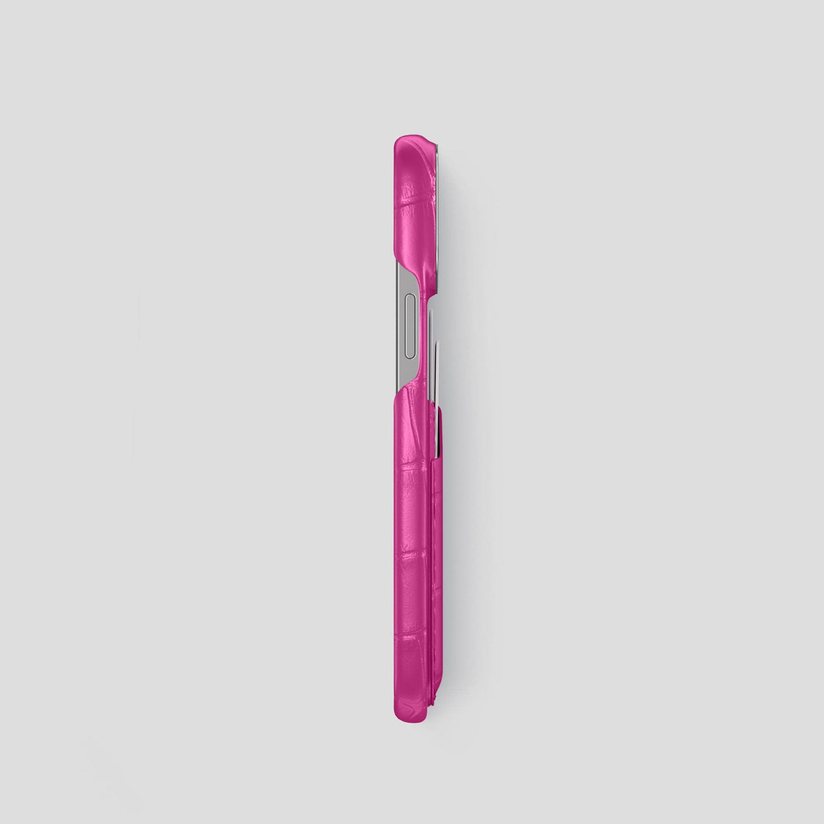 Fuchsia iPhone 13 Pro Card Case Alligator with Steel Metal -3 | Fuchsia-Steel