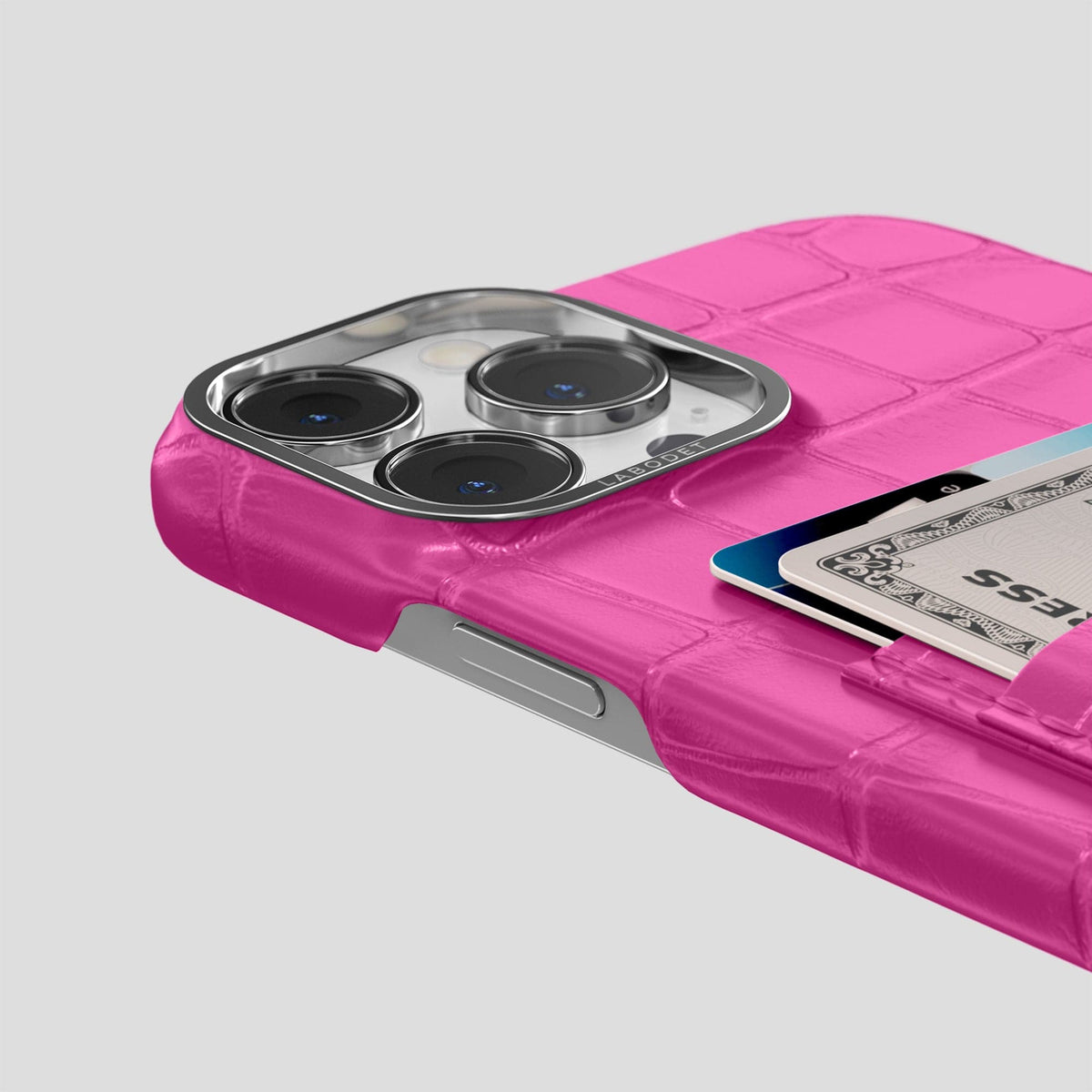 Fuchsia iPhone 13 Pro Card Case Alligator with Steel Metal -5 | Fuchsia-Steel