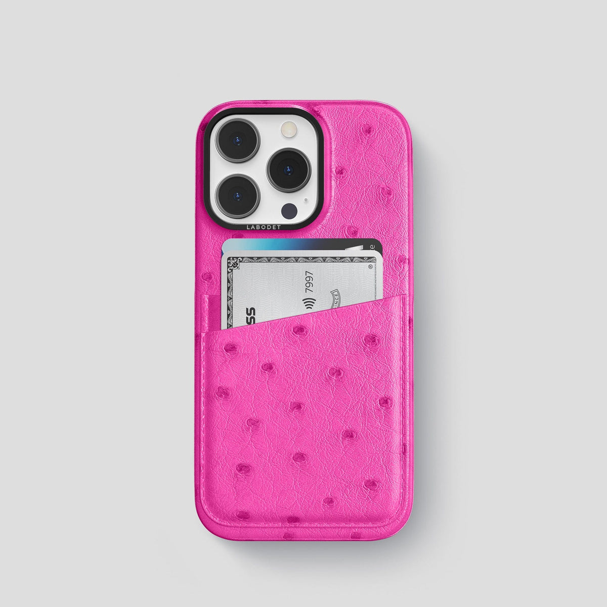 Fuchsia iPhone 13 Pro Card Case Ostrich with Black Metal -1 | Fuchsia-Black