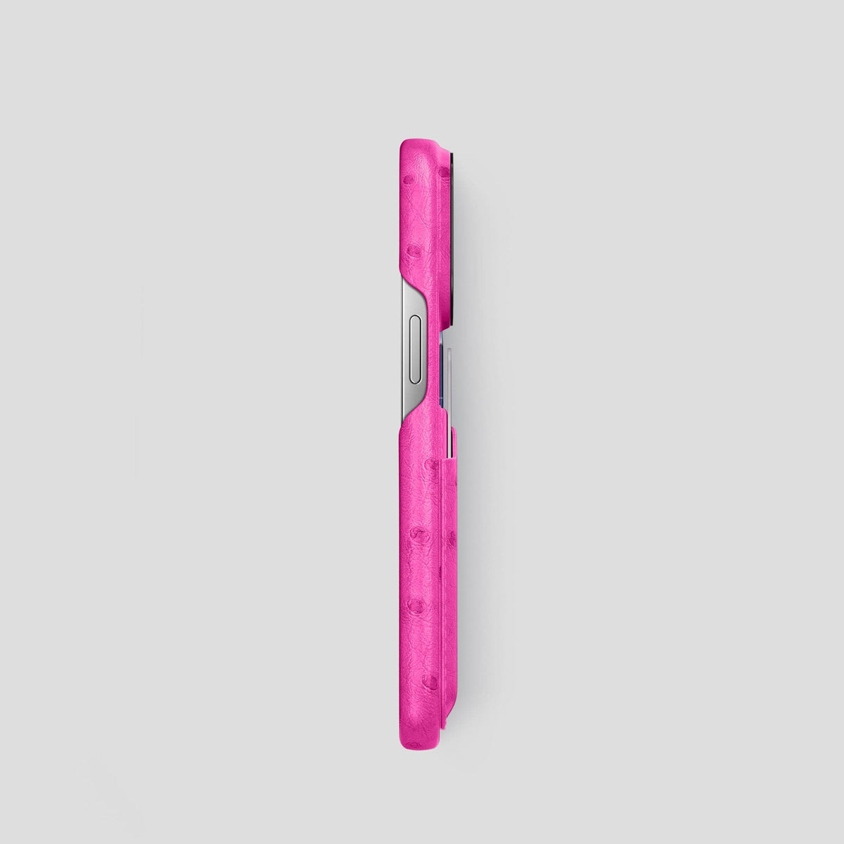 Fuchsia iPhone 13 Pro Card Case Ostrich with Black Metal -3 | Fuchsia-Black