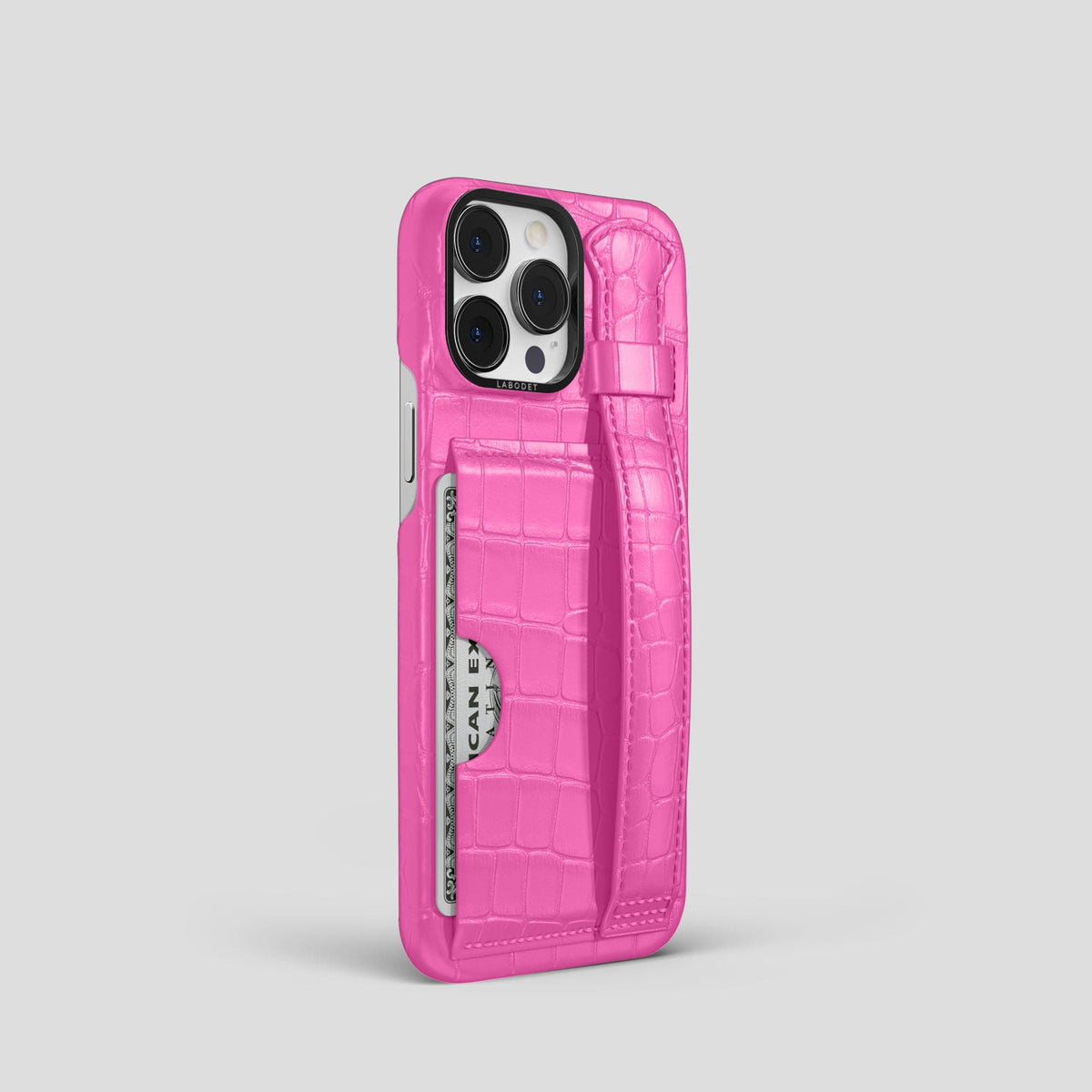 Fuchsia iPhone 13 Pro Cardholder Strap Case Alligator with Black Metal -2 | Fuchsia-Black