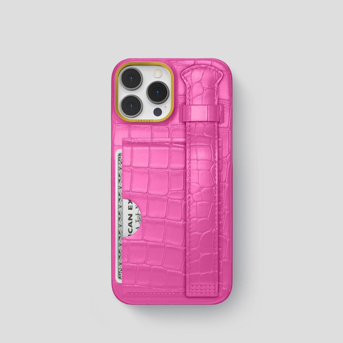 Fuchsia iPhone 13 Pro Cardholder Strap Case Alligator with Gold Metal -1 | Fuchsia-Gold