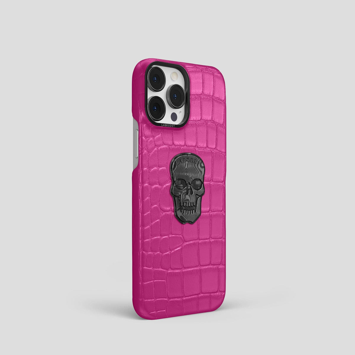 Fuchsia iPhone 13 Pro Classic Case Alligator with Black Metal -2 | Fuchsia-Black