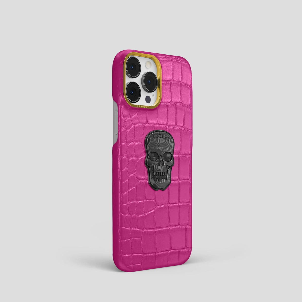Fuchsia iPhone 13 Pro Classic Case Alligator with Gold Metal -2 | Fuchsia-Gold