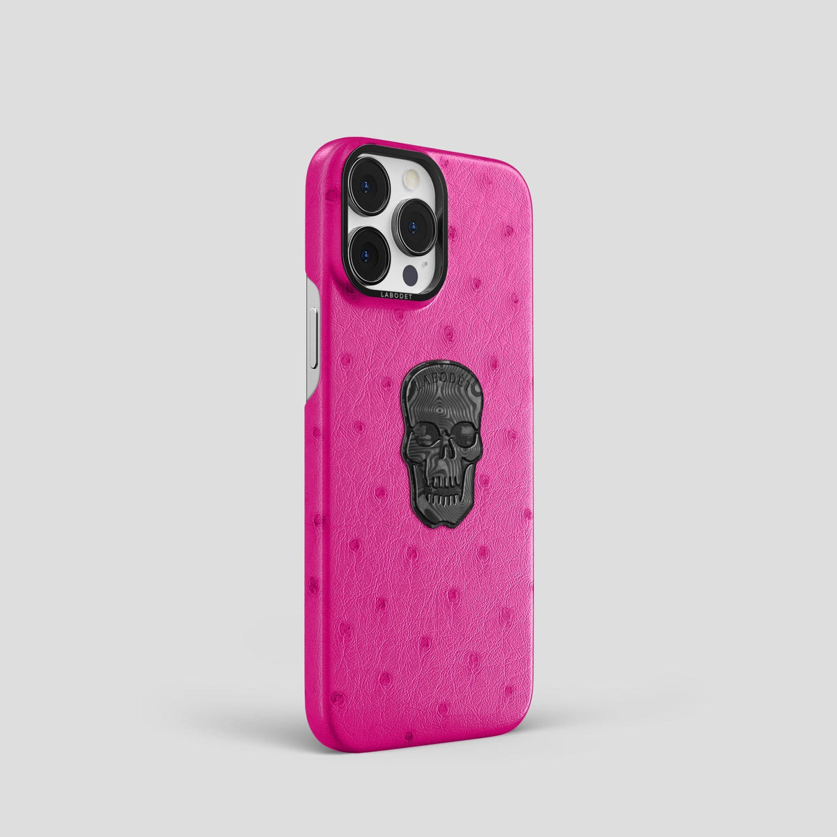 Fuchsia iPhone 13 Pro Classic Case Ostrich with Black Metal -2 | Fuchsia-Black