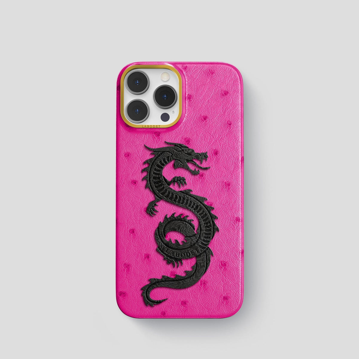 Fuchsia iPhone 13 Pro Classic Case Ostrich with Gold Metal -1 | Fuchsia-Gold