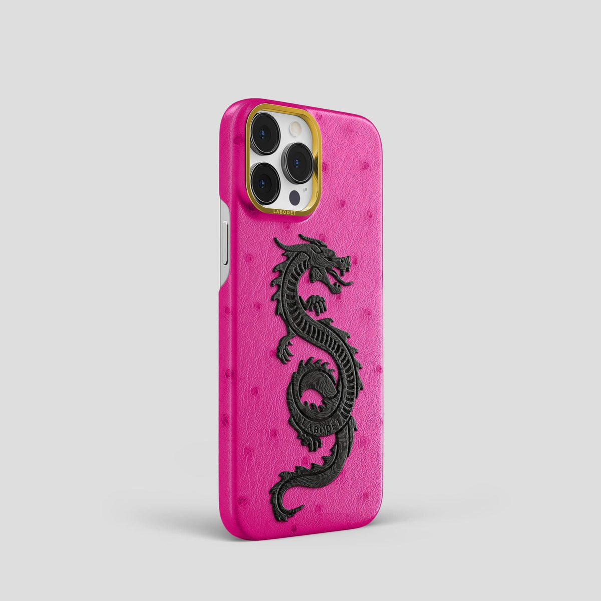 Fuchsia iPhone 13 Pro Classic Case Ostrich with Gold Metal -2 | Fuchsia-Gold