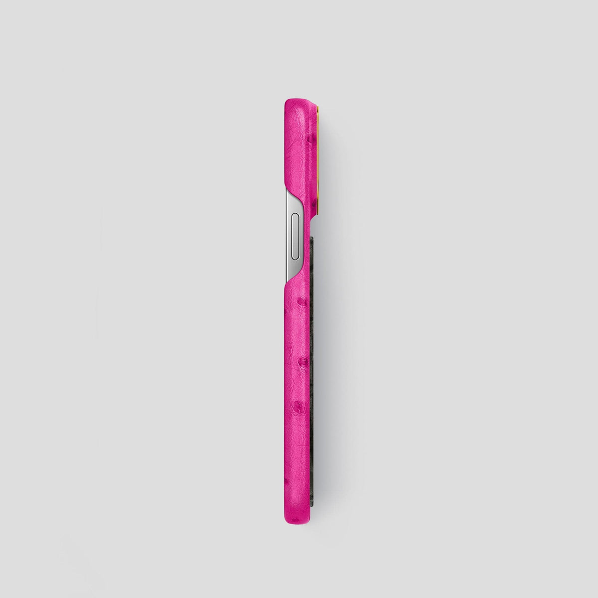Fuchsia iPhone 13 Pro Classic Case Ostrich with Gold Metal -3 | Fuchsia-Gold