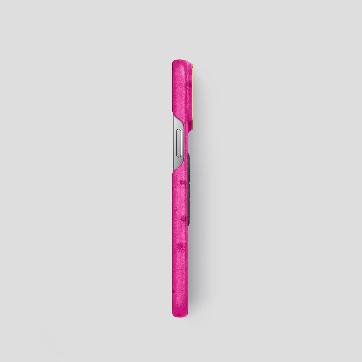 Fuchsia iPhone 13 Pro Classic Case Ostrich with Gold Metal -3 | Fuchsia-Gold