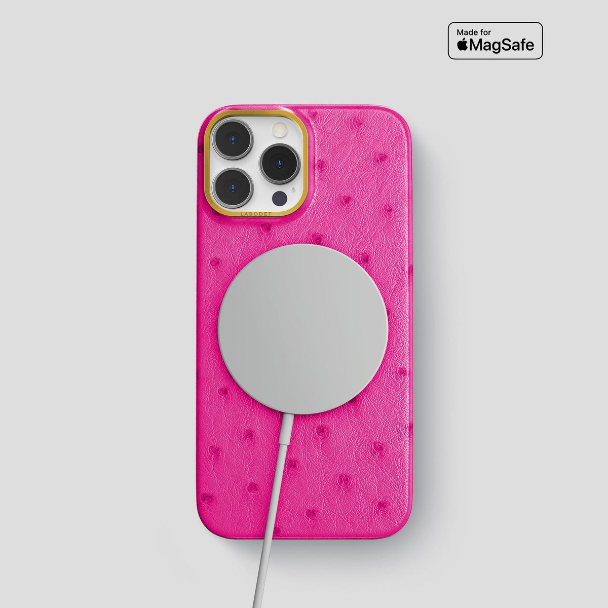 Fuchsia iPhone 13 Pro Classic Case Ostrich with Gold Metal -5 | Fuchsia-Gold