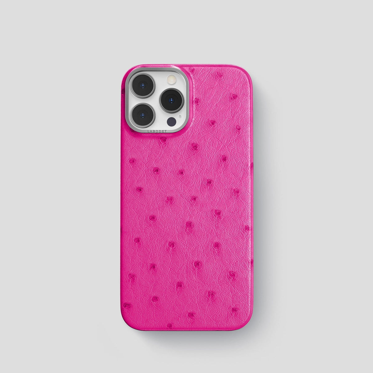 Fuchsia iPhone 13 Pro Classic Case Ostrich with Steel Metal -1 | Fuchsia-Steel