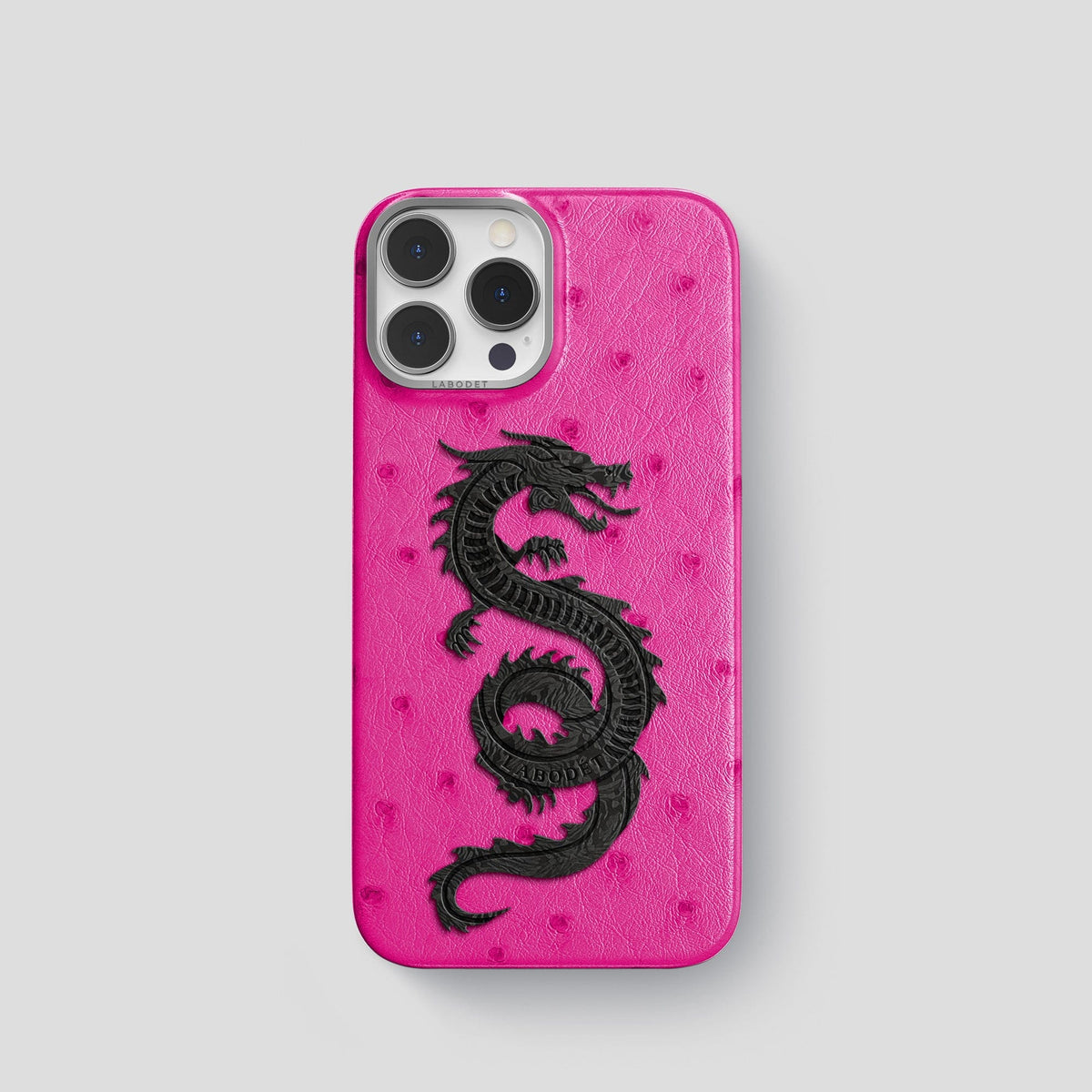 Fuchsia iPhone 13 Pro Classic Case Ostrich with Steel Metal -1 | Fuchsia-Steel