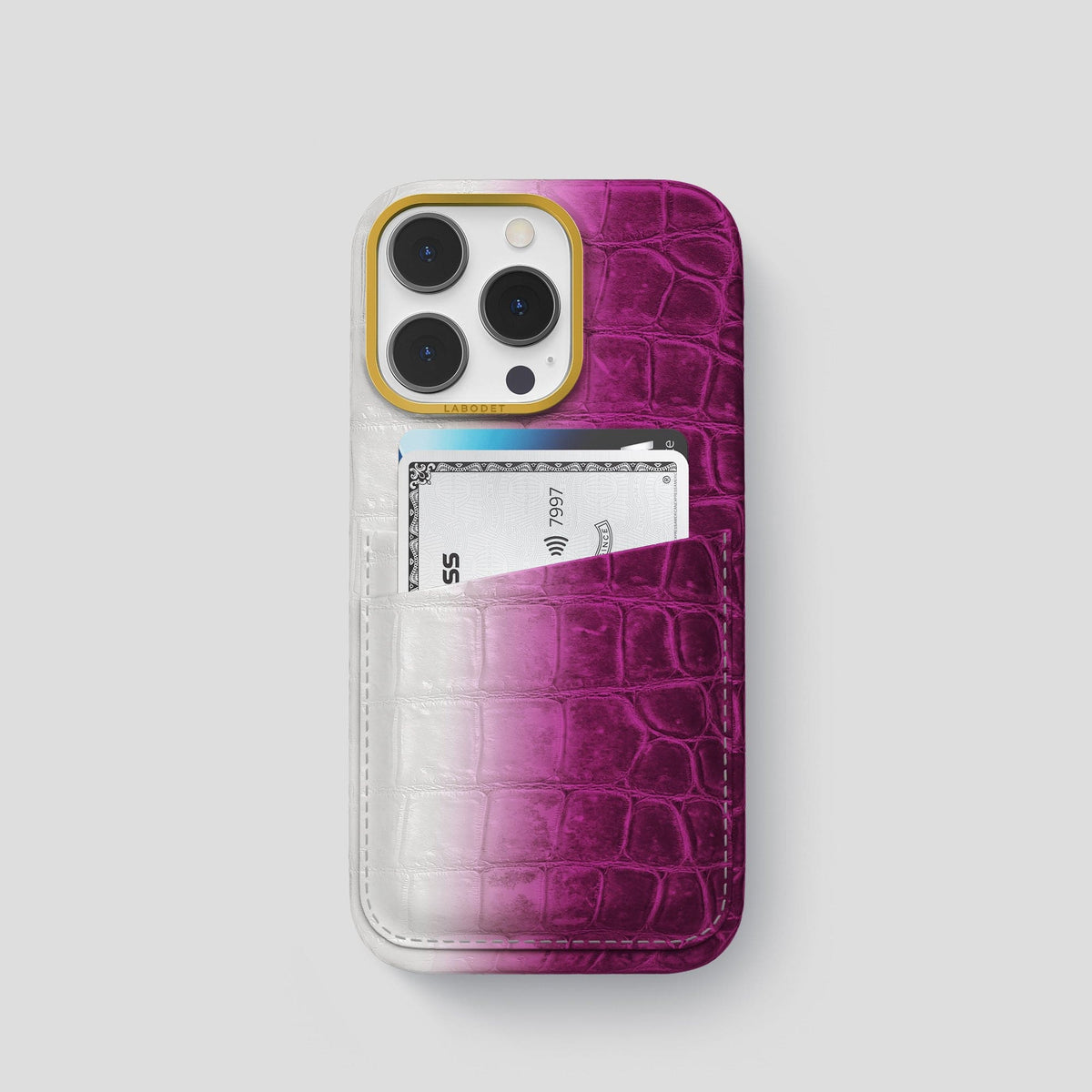 Fuchsia iPhone 13 Pro Himalaya Card Case with Gold Metal -1 | Fuchsia-Gold