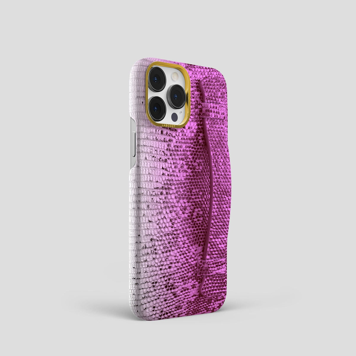 Fuchsia iPhone 13 Pro Himalayan Lizard Strap Case with Gold Metal -2 | Fuchsia-Gold