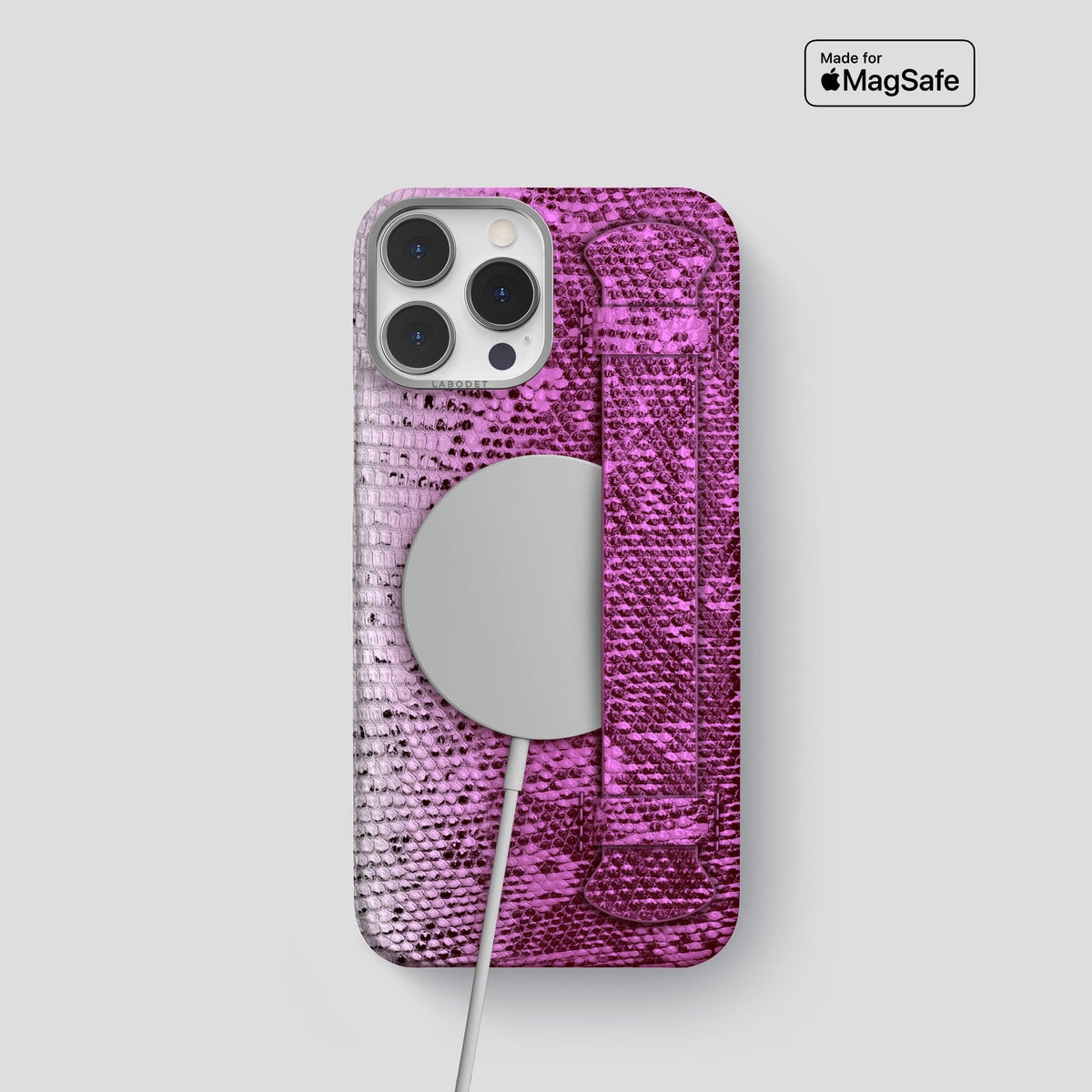 Fuchsia iPhone 13 Pro Himalayan Lizard Strap Case with Steel Metal -5 | Fuchsia-Steel