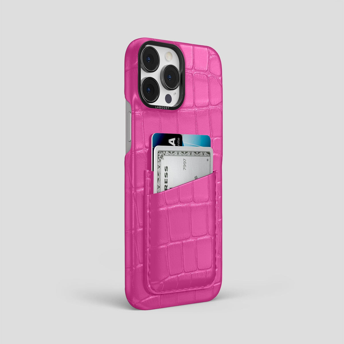 Fuchsia iPhone 13 Pro Max Card Case Alligator with Black Metal -2 | Fuchsia-Black