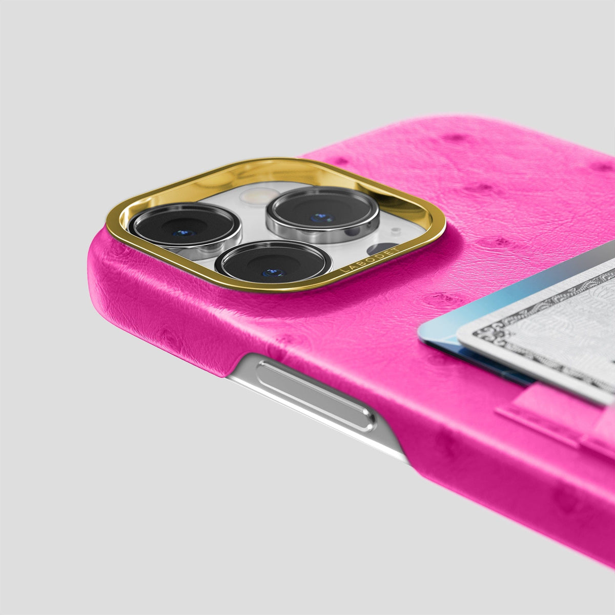 Fuchsia iPhone 13 Pro Card Case Ostrich with Gold Metal -5 | Fuchsia-Gold