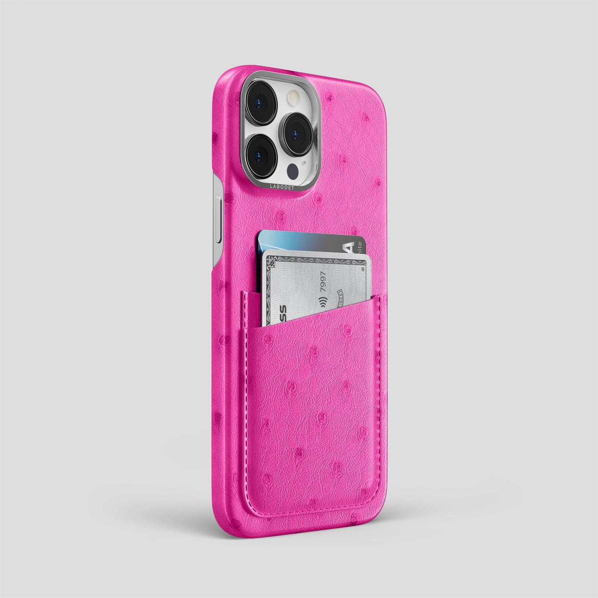 Fuchsia iPhone 13 Pro Card Case Ostrich with Steel Metal -2 | Fuchsia-Steel