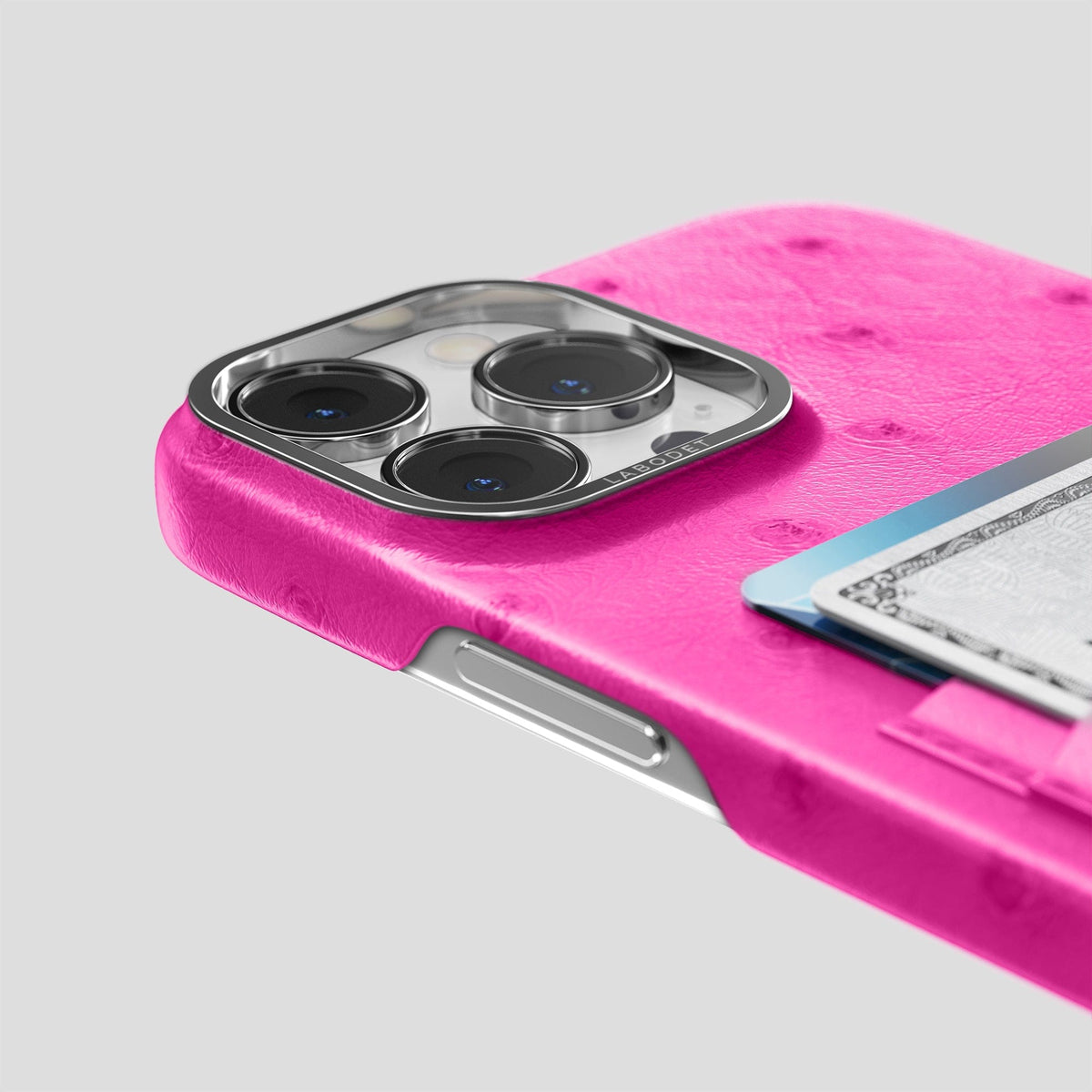 Fuchsia iPhone 13 Pro Card Case Ostrich with Steel Metal -5 | Fuchsia-Steel