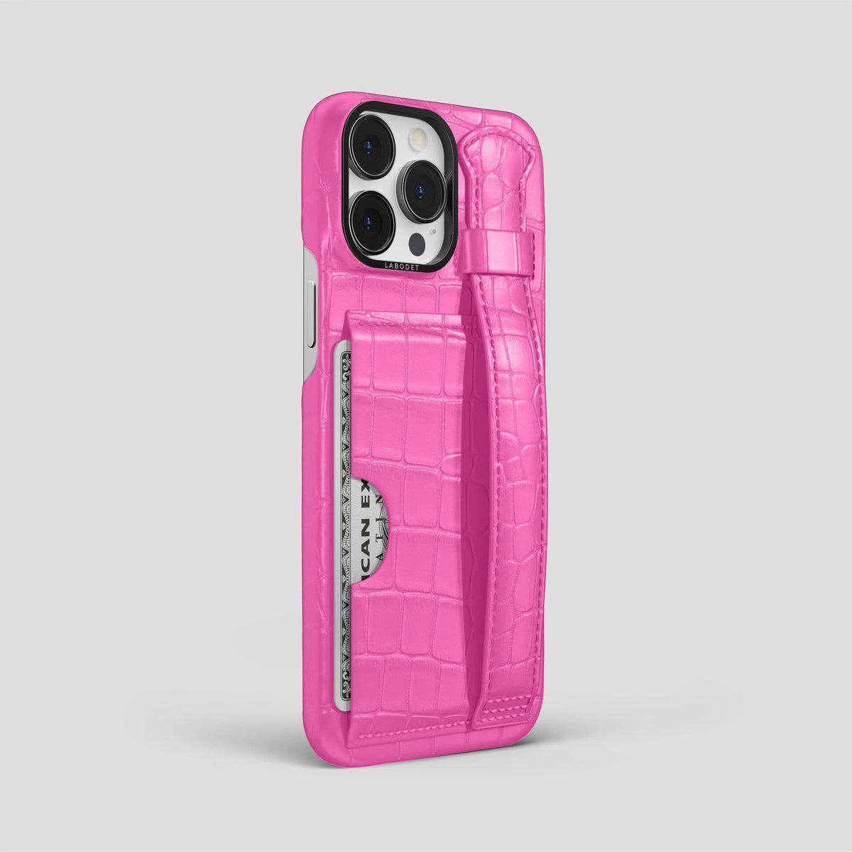 Fuchsia iPhone 13 Pro Max Cardholder Strap Case Alligator with Black Metal -2 | Fuchsia-Black
