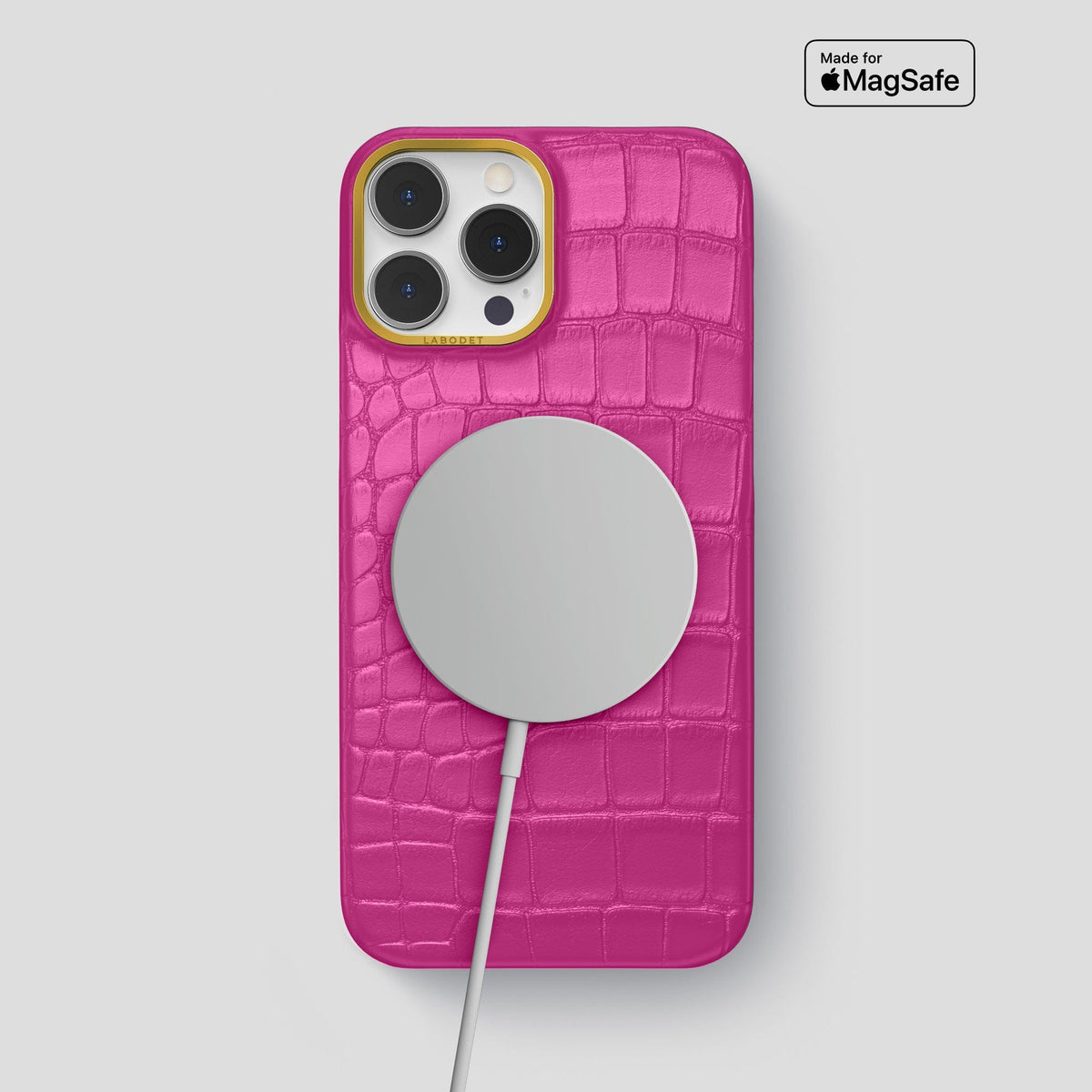 Fuchsia iPhone 13 Pro Max Classic Case Alligator with Gold Metal -4 | Fuchsia-Gold