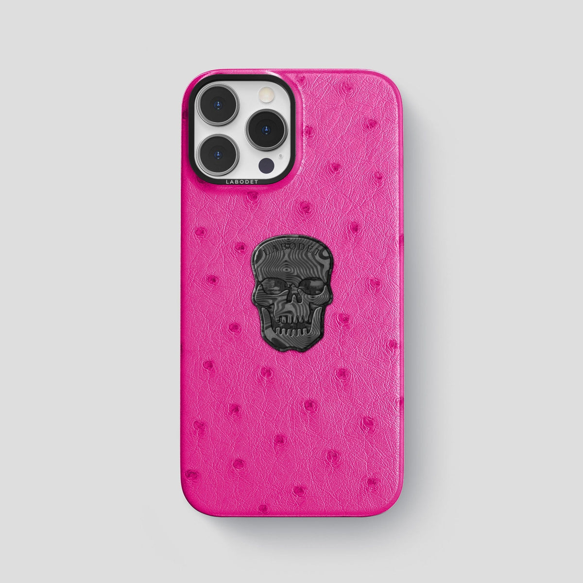 Fuchsia iPhone 13 Pro Classic Case Ostrich with Black Metal -1 | Fuchsia-Black