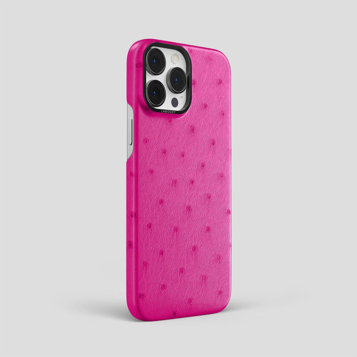 Fuchsia iPhone 13 Pro Max Classic Case Ostrich with Black Metal -2 | Fuchsia-Black