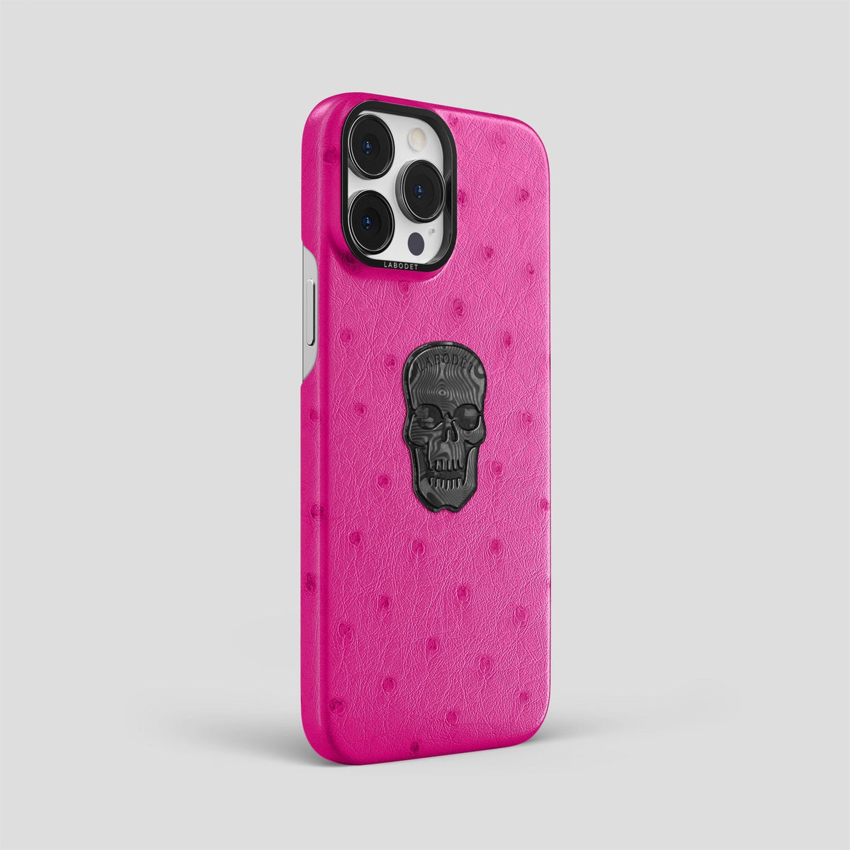 Fuchsia iPhone 13 Pro Classic Case Ostrich with Black Metal -2 | Fuchsia-Black