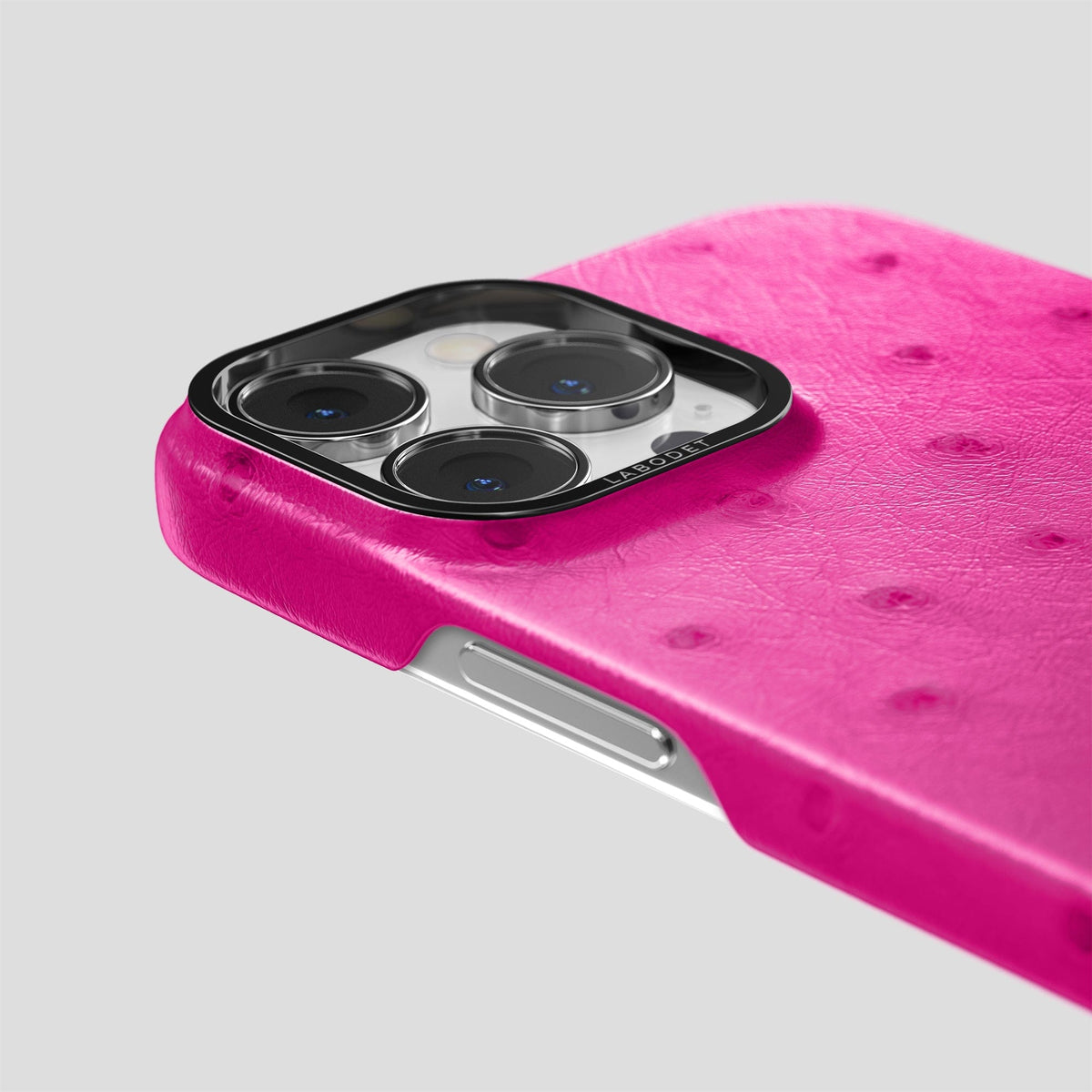 Fuchsia iPhone 13 Pro Max Classic Case Ostrich with Black Metal -6 | Fuchsia-Black