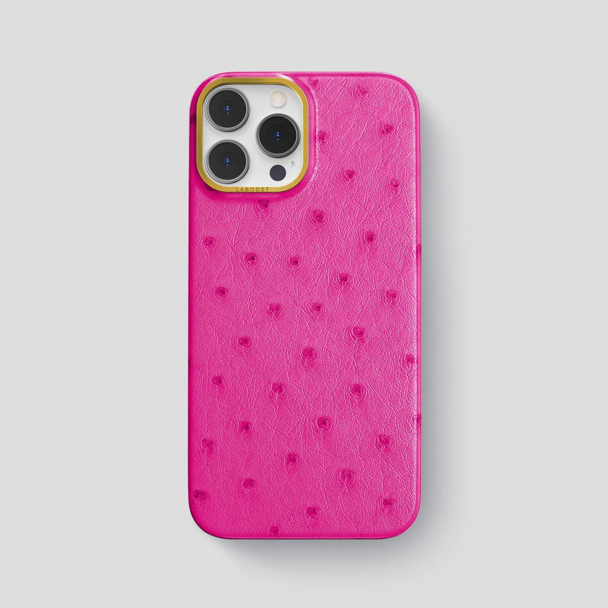 Fuchsia iPhone 13 Pro Max Classic Case Ostrich with Gold Metal -1 | Fuchsia-Gold