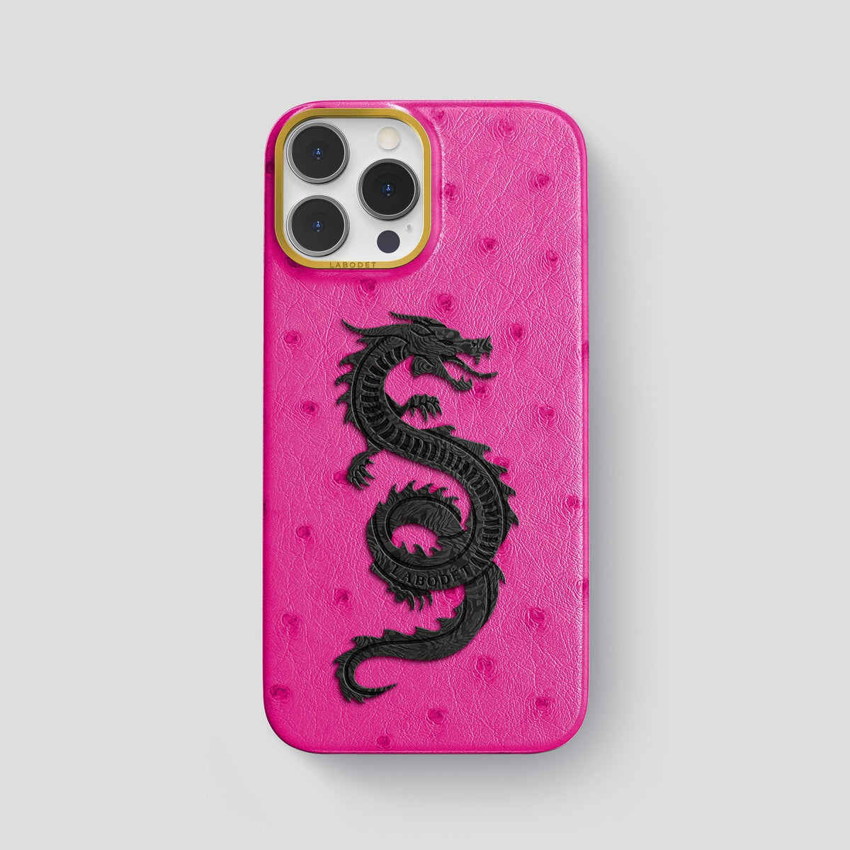 Fuchsia iPhone 13 Pro Max Classic Case Ostrich with Gold Metal -1 | Fuchsia-Gold