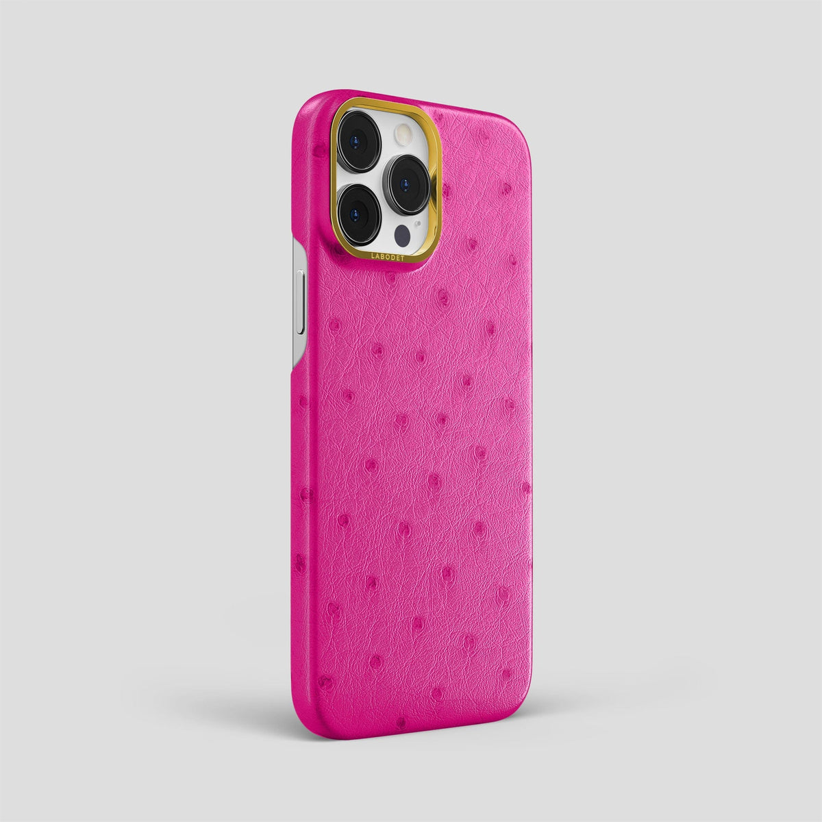 Fuchsia iPhone 13 Pro Max Classic Case Ostrich with Gold Metal -2 | Fuchsia-Gold