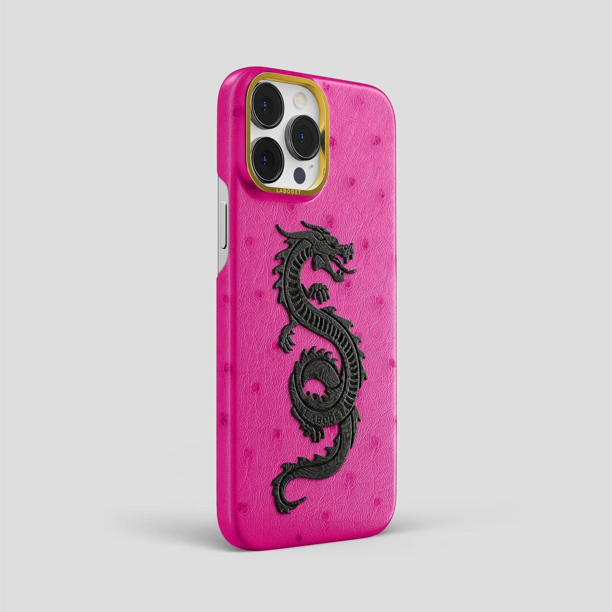 Fuchsia iPhone 13 Pro Max Classic Case Ostrich with Gold Metal -2 | Fuchsia-Gold