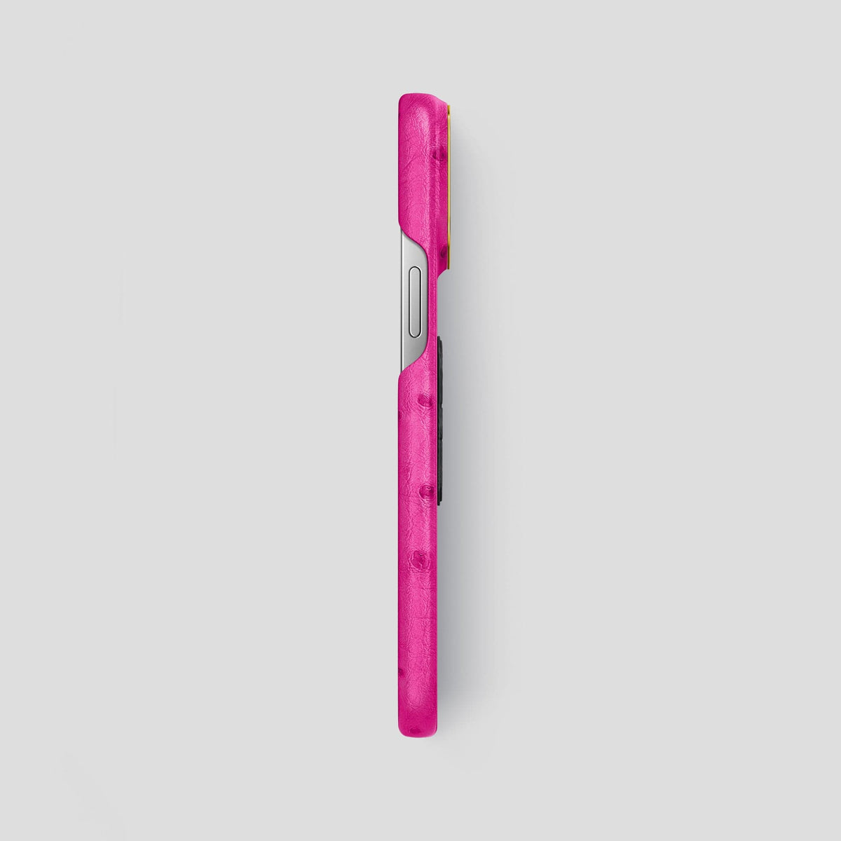 Fuchsia iPhone 13 Pro Classic Case Ostrich with Gold Metal -3 | Fuchsia-Gold