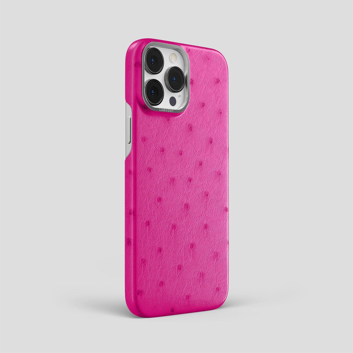 Fuchsia iPhone 13 Pro Max Classic Case Ostrich with Steel Metal -2 | Fuchsia-Steel