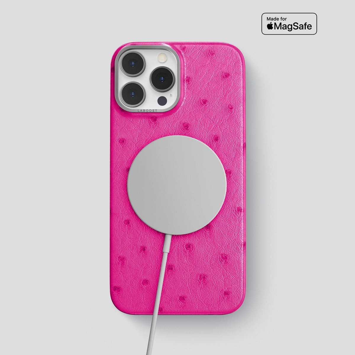 Fuchsia iPhone 13 Pro Max Classic Case Ostrich with Steel Metal -5 | Fuchsia-Steel