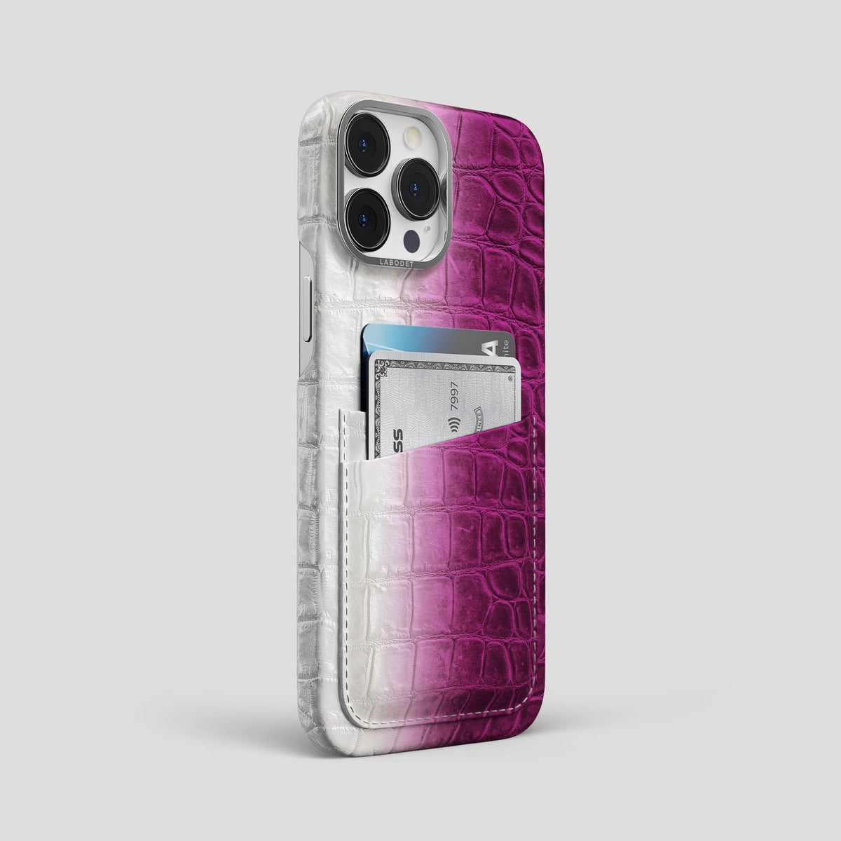 Fuchsia iPhone 13 Pro Max Himalaya Card Case with Steel Metal -2 | Fuchsia-Steel