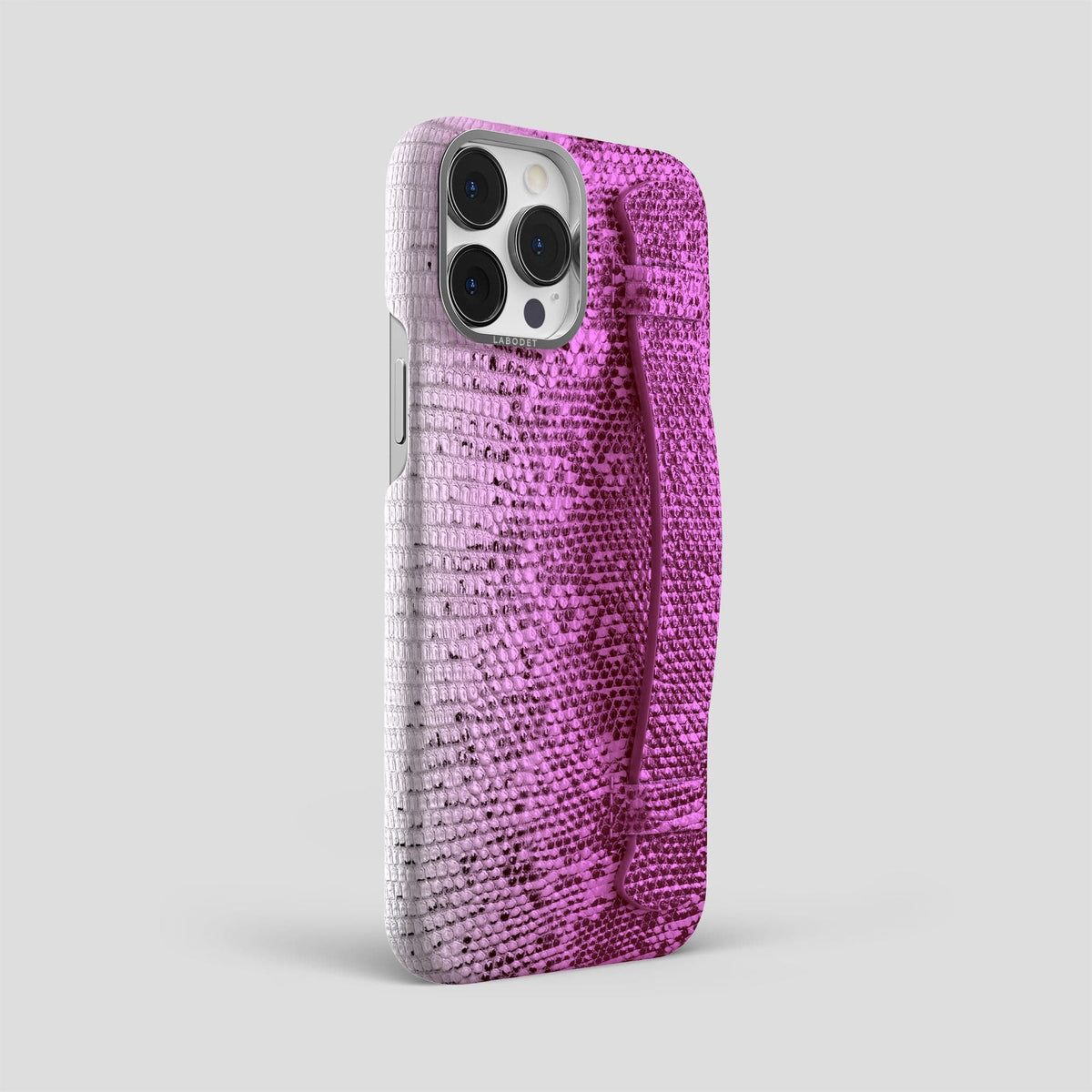 Fuchsia iPhone 13 Pro Max Himalayan Lizard Strap Case with Steel Metal -2 | Fuchsia-Steel