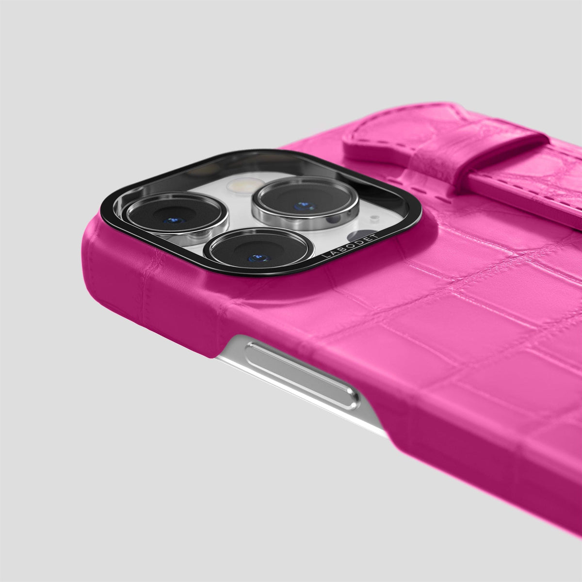 Fuchsia iPhone 13 Pro Max Strap Case Alligator with Black Metal -5 | Fuchsia-Black
