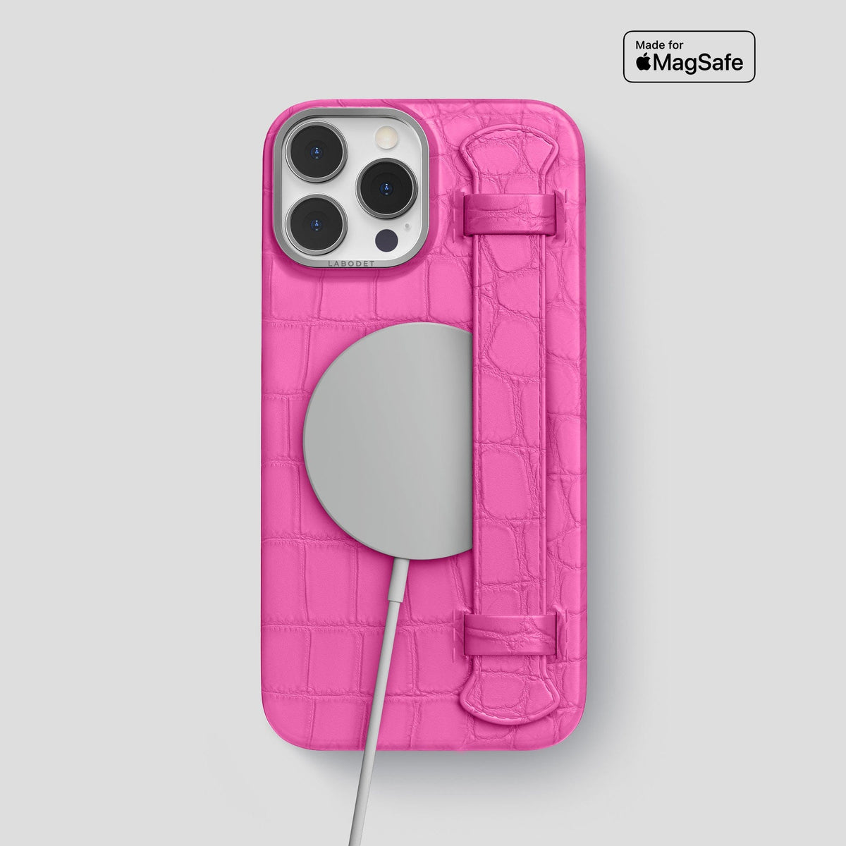 Fuchsia iPhone 13 Pro Max Strap Case Alligator with Steel Metal -4 | Fuchsia-Steel