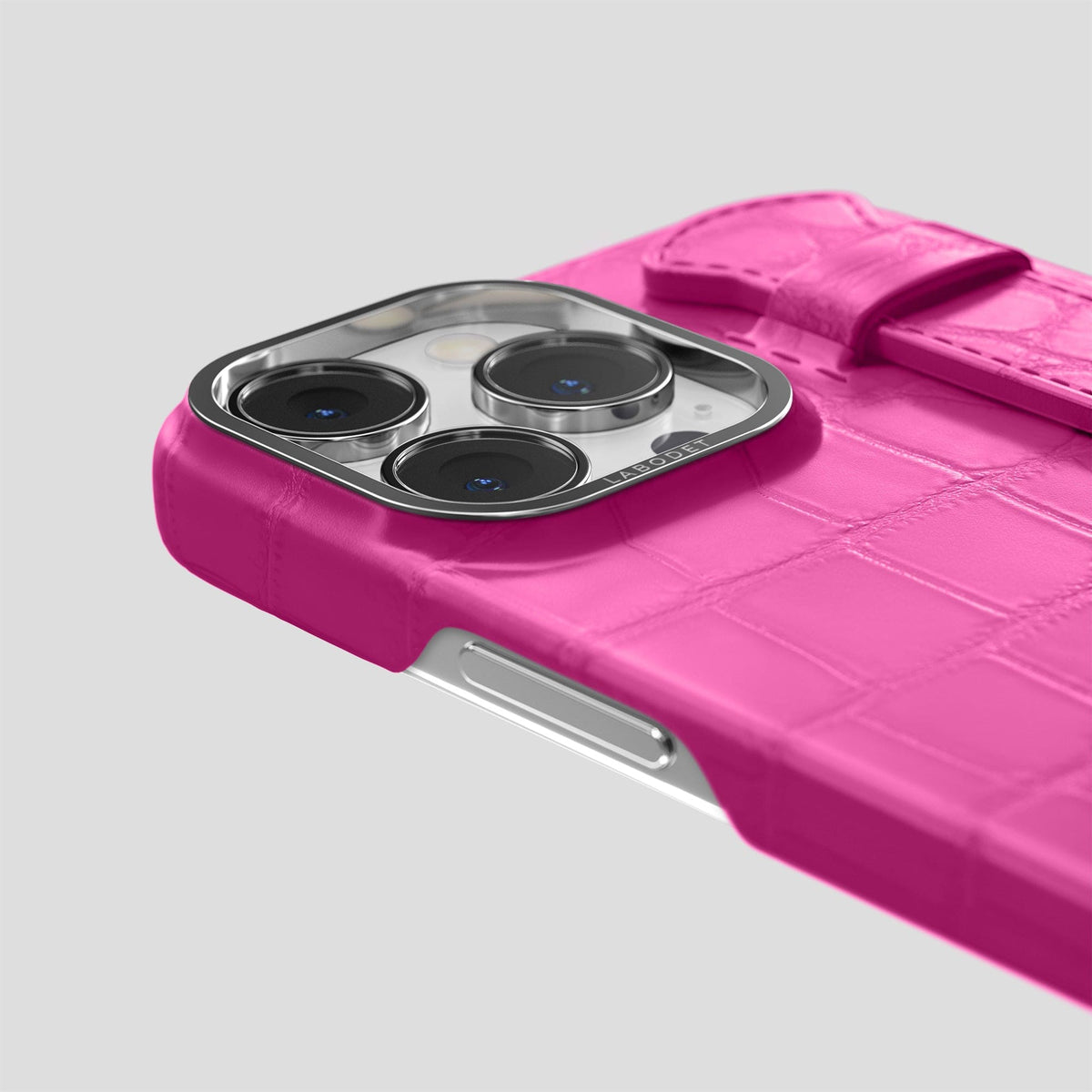 Fuchsia iPhone 13 Pro Max Strap Case Alligator with Steel Metal -5 | Fuchsia-Steel