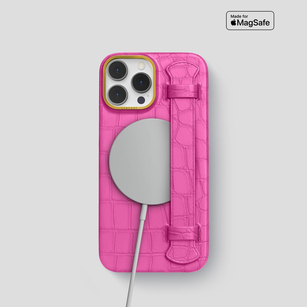 Fuchsia iPhone 13 Pro Strap Case Alligator with Gold Metal -4 | Fuchsia-Gold
