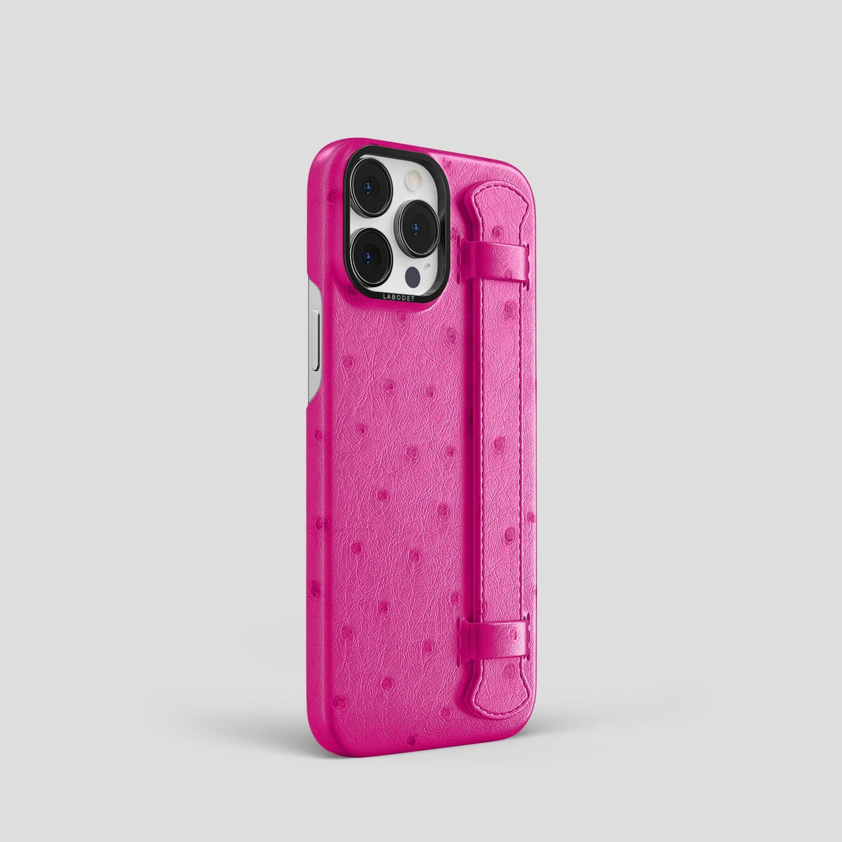 Fuchsia iPhone 13 Pro Handle Case Ostrich with Black Metal -2 | Fuchsia-Black