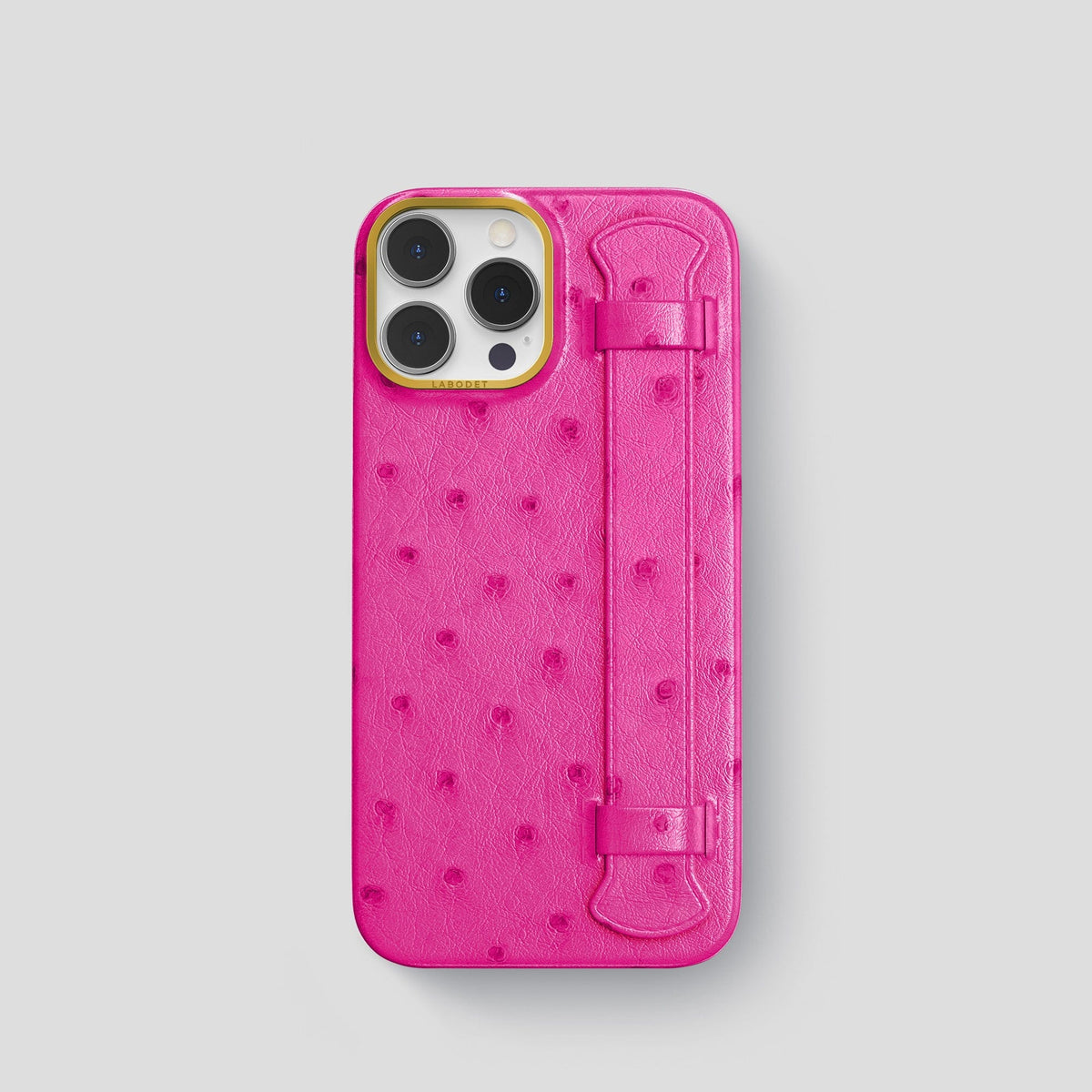 Fuchsia iPhone 13 Pro Handle Case Ostrich with Gold Metal -1 | Fuchsia-Gold