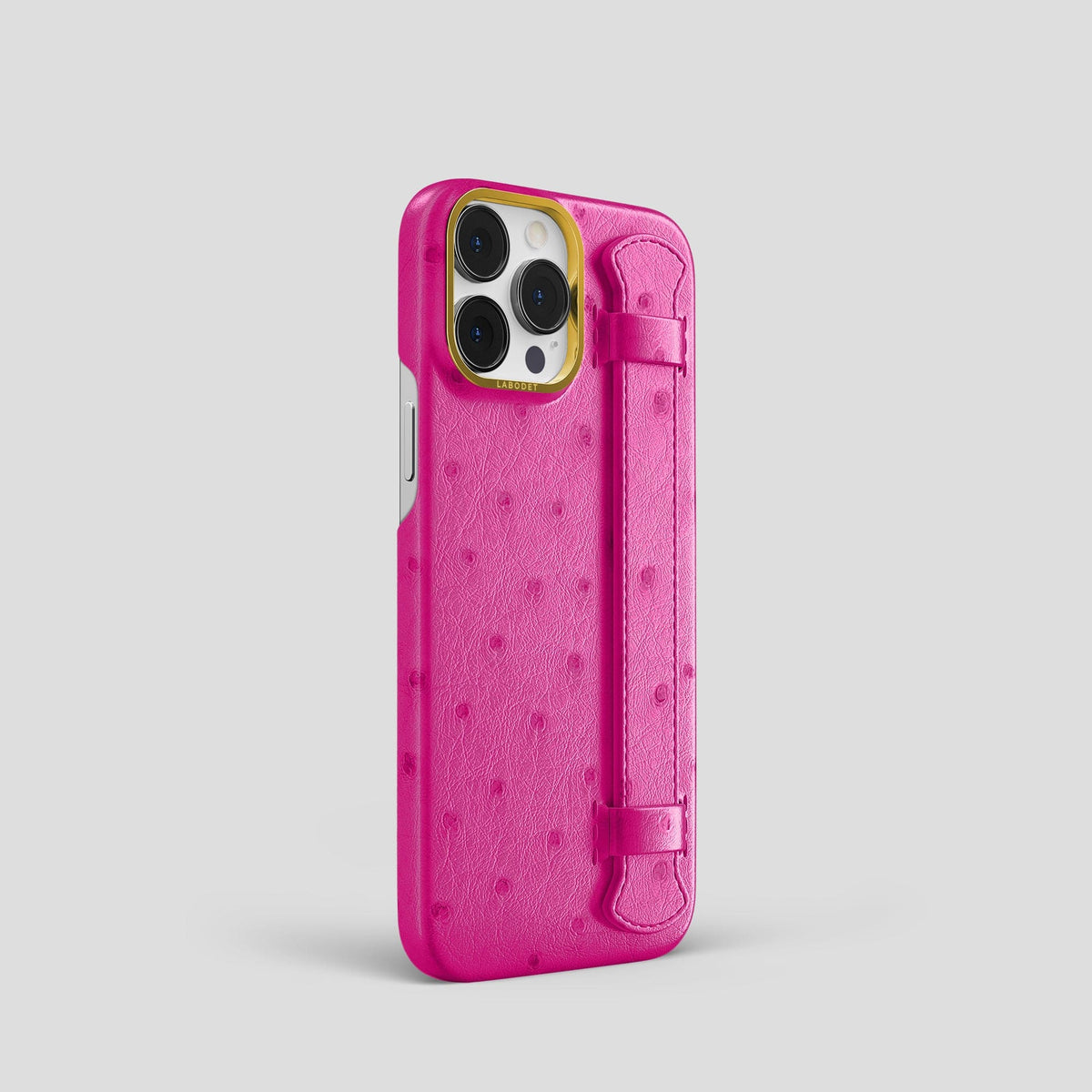 Fuchsia iPhone 13 Pro Handle Case Ostrich with Gold Metal -2 | Fuchsia-Gold