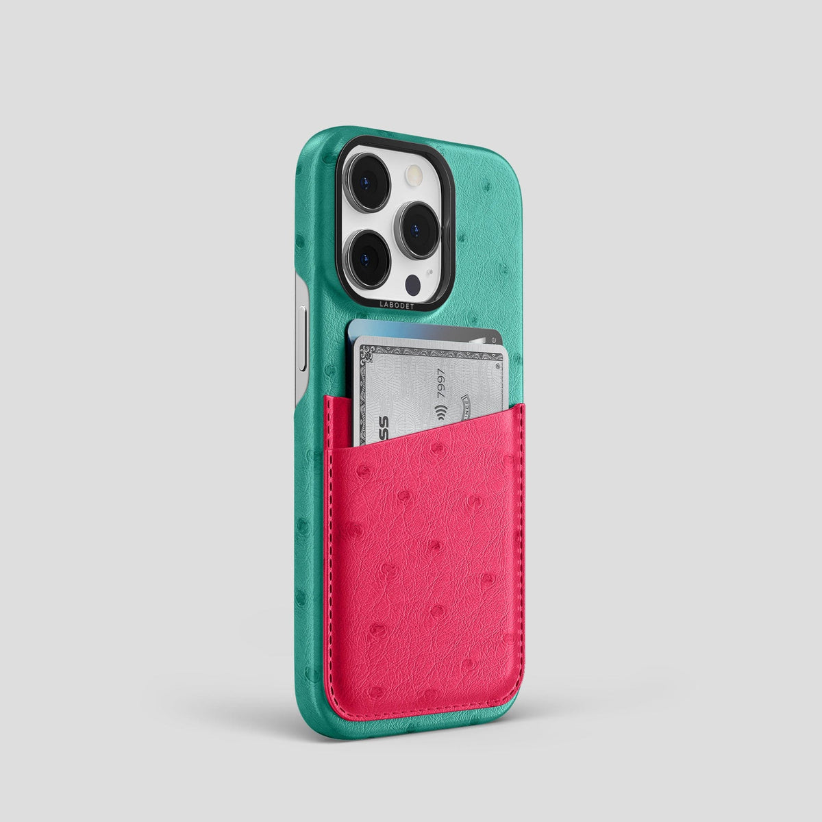 Green-Bordeaux iPhone 13 Pro Card Case Colore Ostrich with Black Metal -2 | Bordeaux-Black-Black